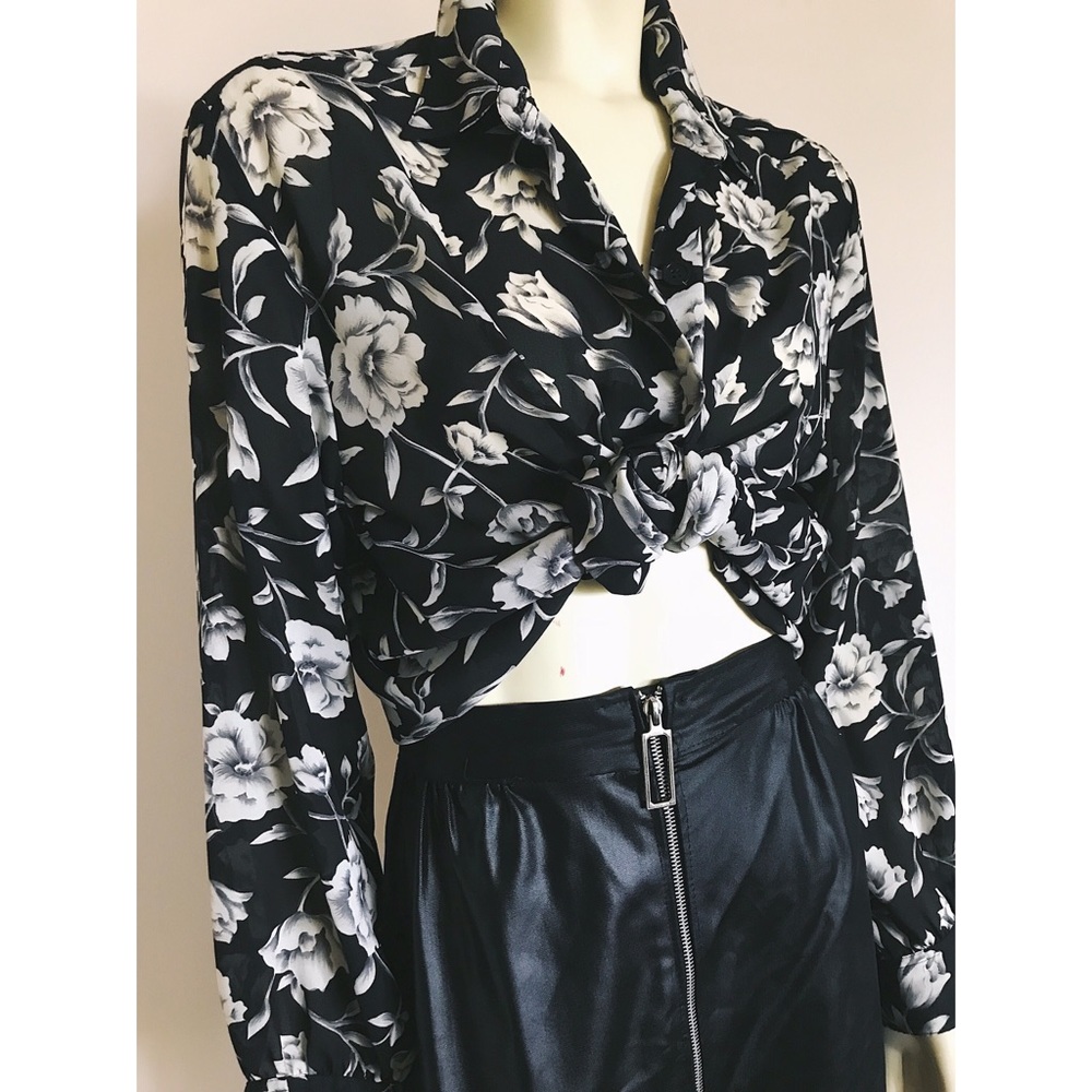 Vintage 90s Black & White Sheer Floral Button Up